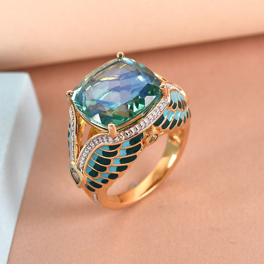 GP Spezial Kollektion - Pfau Triplette Quarz und grüner Saphir-Ring, 925 Silber Gelbgold Vermeil ca. 11.14 ct
