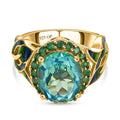 GP Art Déco Kollektion - Pfau Triplett Quarz, Kagem sambischer Smaragd und Saphir emaillierter Halo-Ring in Silber