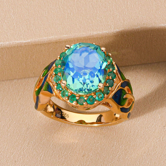 GP Italienische Garten Kollektion - Pfau Triplett Quarz, Kagem sambischer Smaragd und Saphir-Ring, 925 Silber Gelbgold Vermeil ca. 5,31 ct