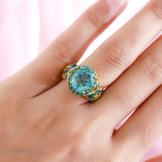 GP Italienische Garten Kollektion - Pfau Triplett Quarz, Kagem sambischer Smaragd und Saphir-Ring, 925 Silber Gelbgold Vermeil ca. 5,31 ct