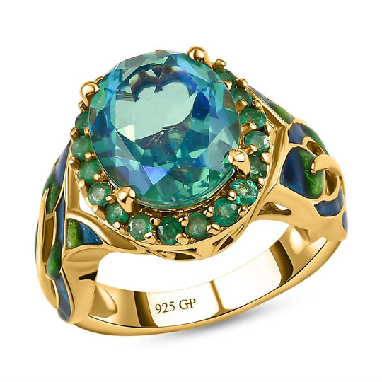 GP Italienische Garten Kollektion - Pfau Triplett Quarz, Kagem sambischer Smaragd und Saphir-Ring, 925 Silber Gelbgold Vermeil ca. 5,31 ct