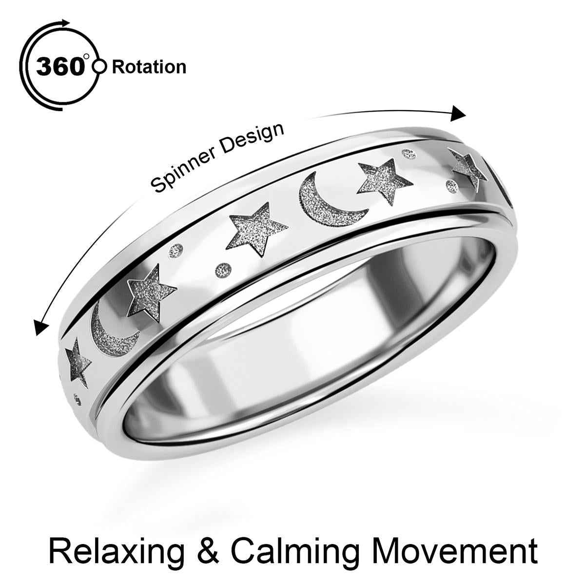 Mond und Sterne Spinning-Ring, 925 Silber platiniert (Größe 18.00) ca. 4,90g