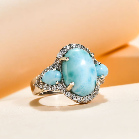 Larimar und weißer Zirkon Ring, 925 Silber platiniert , ca. 8.26 ct