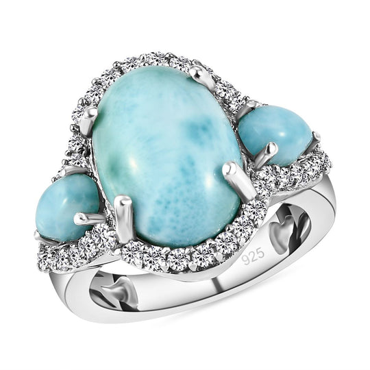 Larimar und weißer Zirkon Ring, 925 Silber platiniert , ca. 8.26 ct