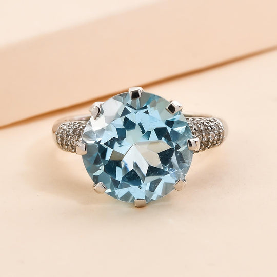 Himmelblauer Topas und weißer Zirkon Ring, 925 Silber platiniert ca. 7.95 ct