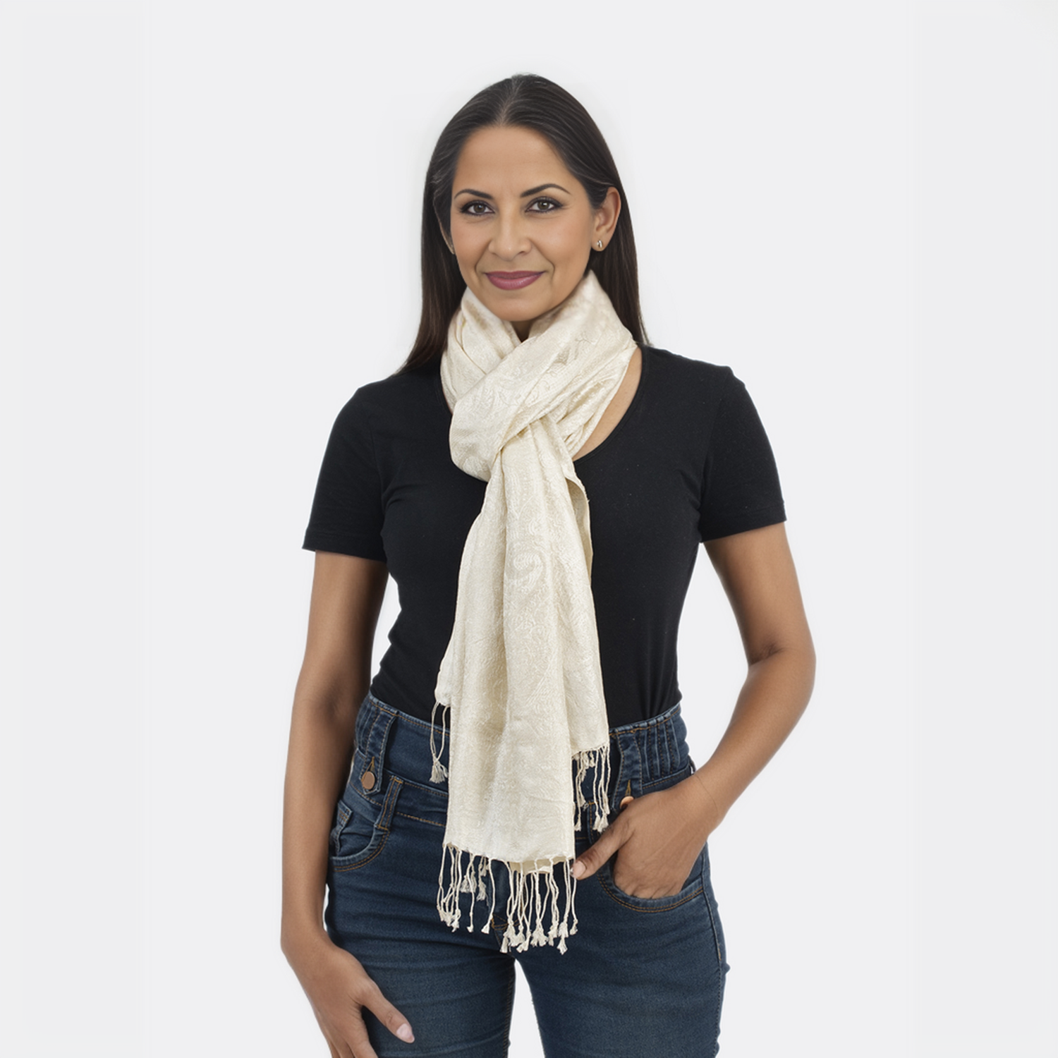 Premium Kollektion - gewebter Schal, 100% Natur Seide, Jamawar Design, 68x190 cm, Elfenbein