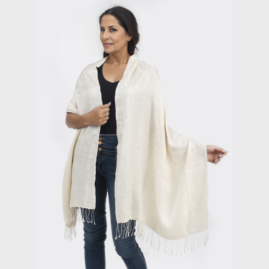 Premium Kollektion - gewebter Schal, 100% Natur Seide, Jamawar Design, 68x190 cm, Elfenbein