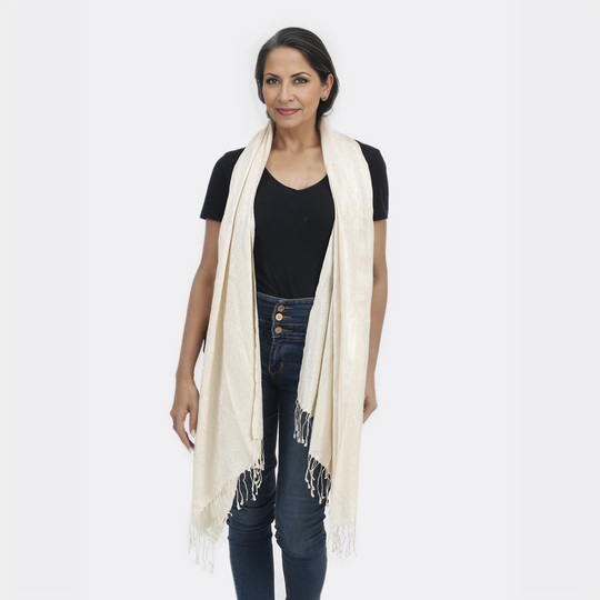 Premium Kollektion - gewebter Schal, 100% Natur Seide, Jamawar Design, 68x190 cm, Elfenbein