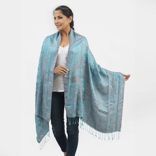 Premium Kollektion - gewebter Schal, 100% Natur Seide, Jamawar Design, 68x190 cm, Himmelblau