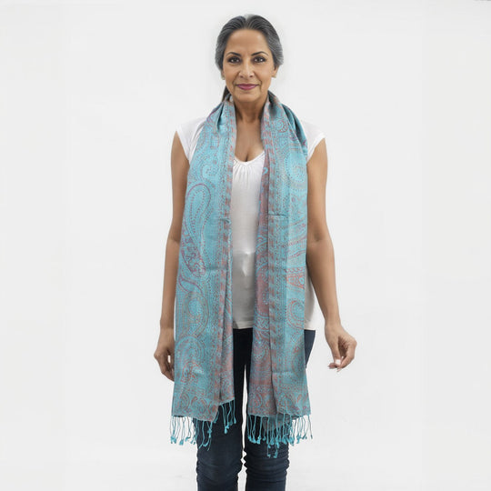Premium Kollektion - gewebter Schal, 100% Natur Seide, Jamawar Design, 68x190 cm, Himmelblau