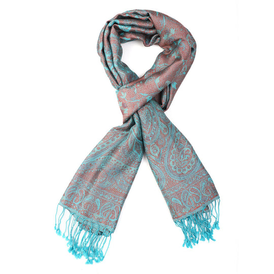 Premium Kollektion - gewebter Schal, 100% Natur Seide, Jamawar Design, 68x190 cm, Himmelblau