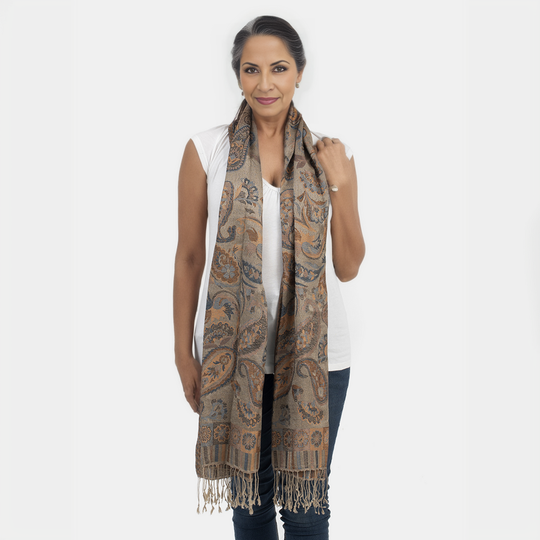 Premium Kollektion - gewebter Schal, 100% Natur Seide, Jamawar Design, 68x190 cm, Erdfarben