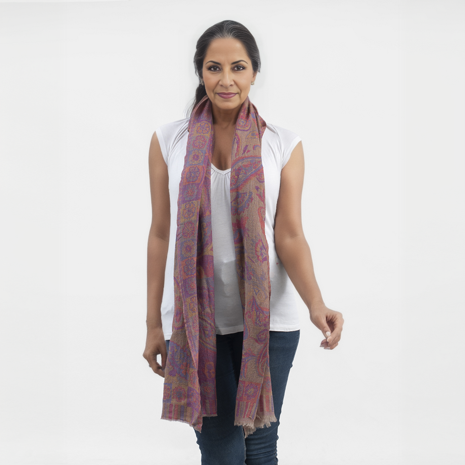 Premium Kollektion - gewebter Schal, Natur Seide und Wolle, Jamawar Design, 70x200 cm, Lavendel