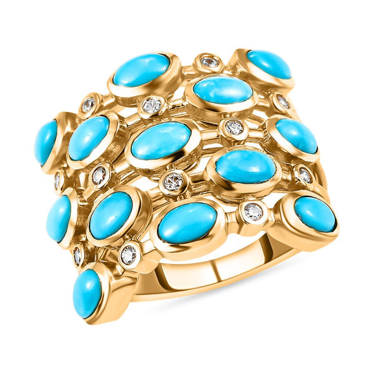 Amerikanischer, natürlicher Sleeping Beauty Türkis und weißer Zirkon-Ring, 925 Silber Gelbgold Vermeil ca. 3,48 ct