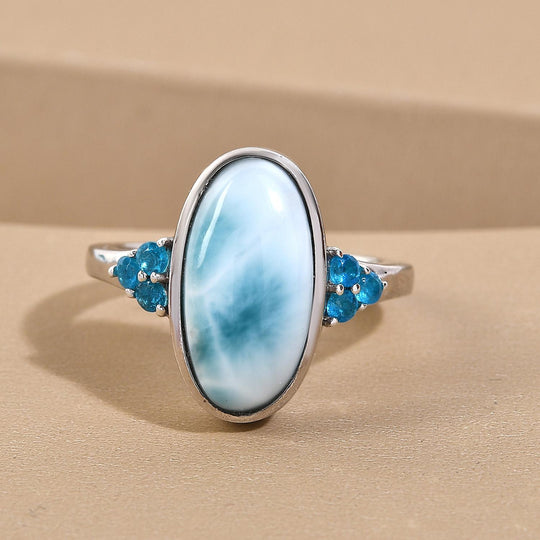 Larimar und Neon Apatit-Ring, 925 Silber platiniert ca. 6.46 ct