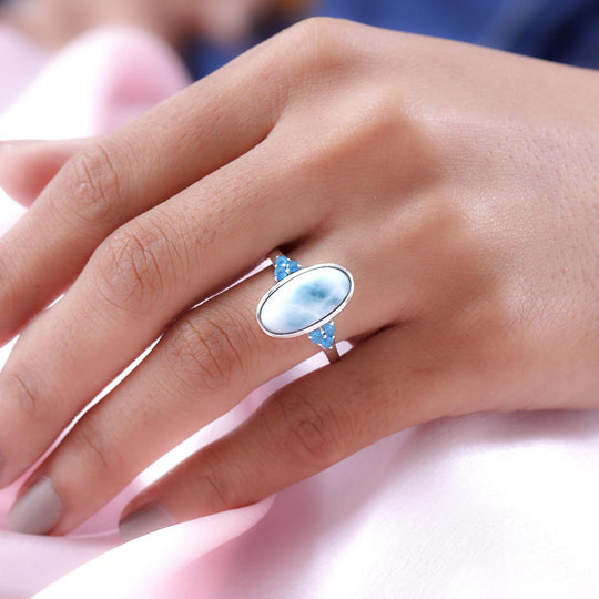 Larimar und Neon Apatit-Ring, 925 Silber platiniert ca. 6.46 ct