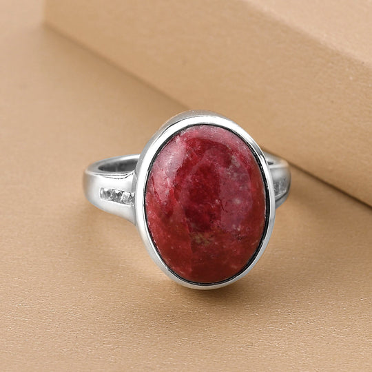 Norwegischer Thulit und weißer Zirkon-Ring, 925 Silber platiniert ca. 7.03 ct