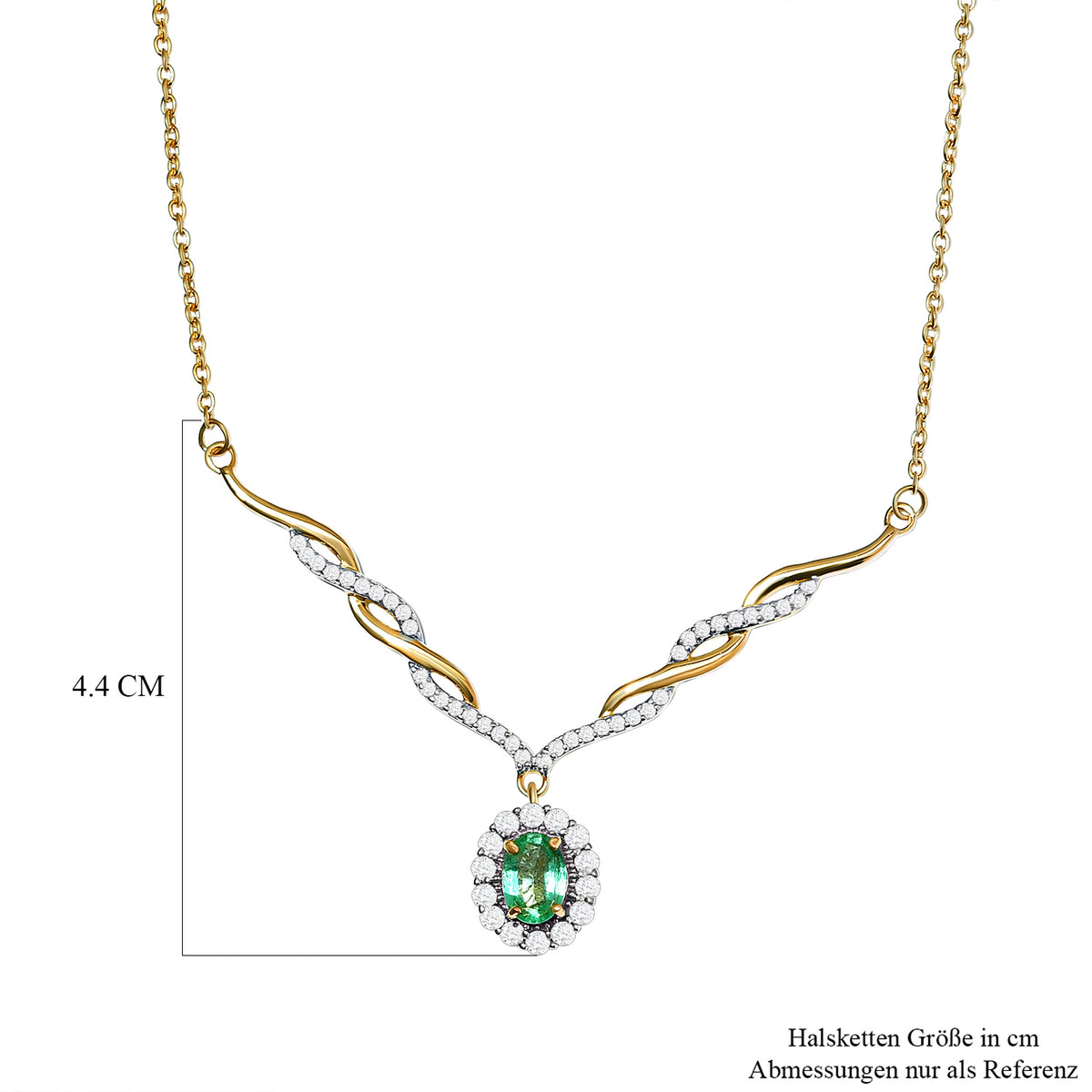 AA äthiopisches Smaragd und weißes Zirkon Collier, ca. 45 cm, 925 Silber Gelbgold Vermeil ca. 1.48 ct