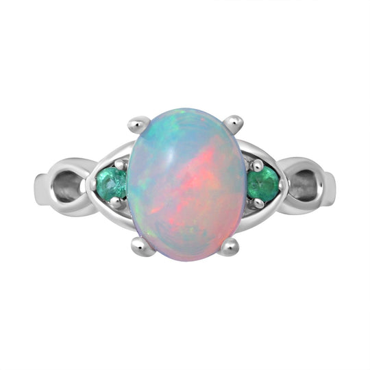 Natürlicher, äthiopischer Opal und Kagem sambischer Smaragd-Ring, 925 Silber platiniert (Größe 16.00) ca. 1,29 ct