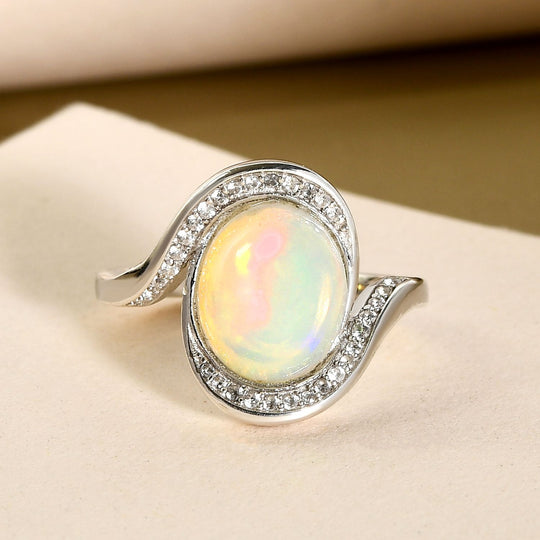 Natürlicher, äthiopischer Welo Opal und weißer Zirkon-Ring, 925 Silber platiniert ca. 2.22 ct