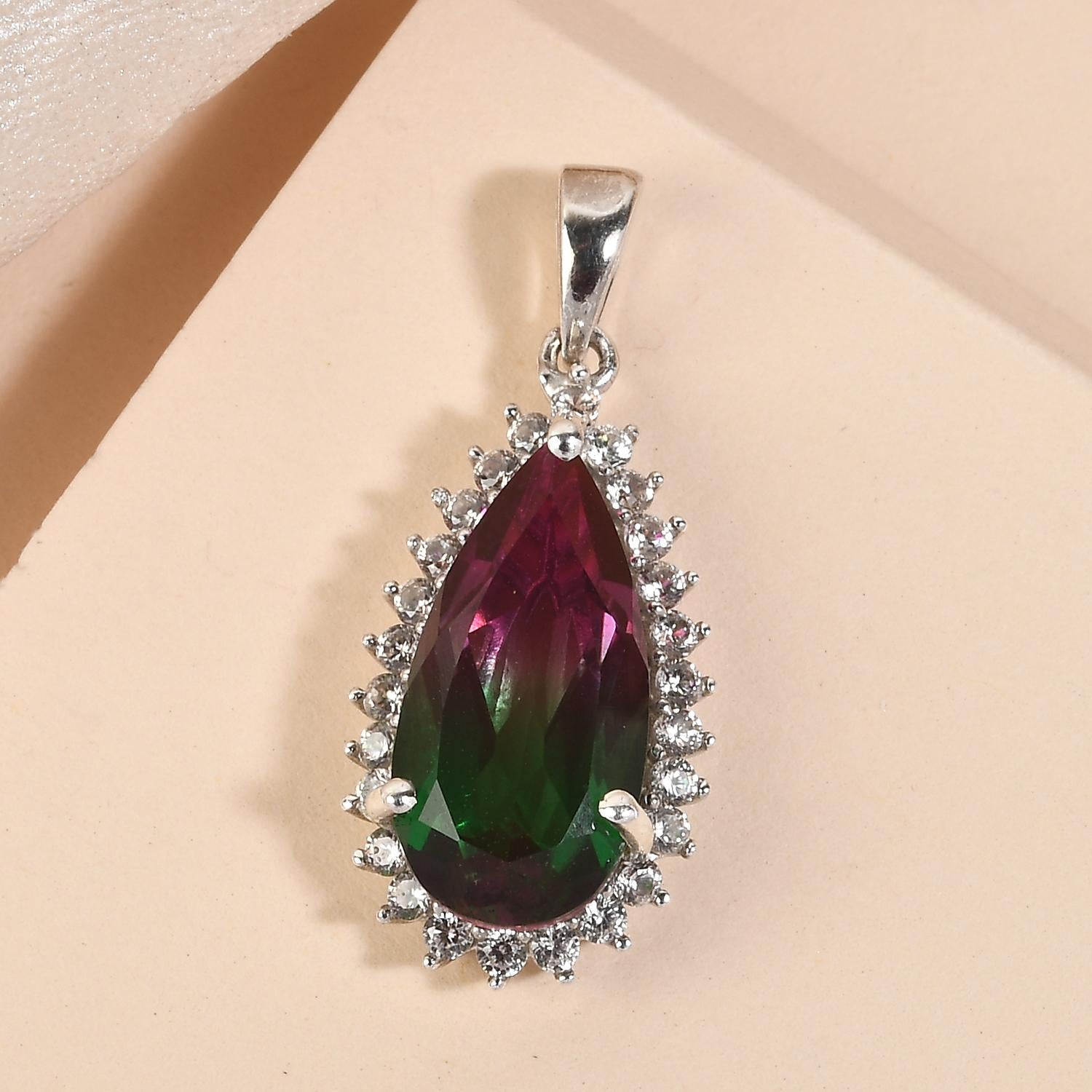 Wassermelonen-Quarz-Triplette und weißer Zirkon-Anhänger, 925 Silber platiniert ca. 7.60 ct
