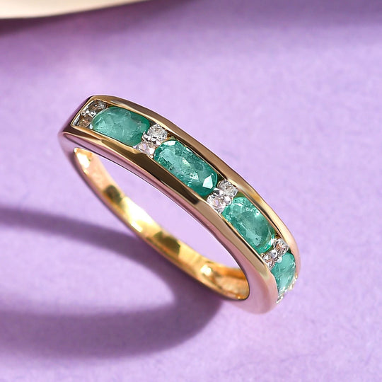 AA Äthiopischer Smaragd und weißer Zirkon-Ring, 925 Silber Gelbgold Vermeil ca. 1.06 ct