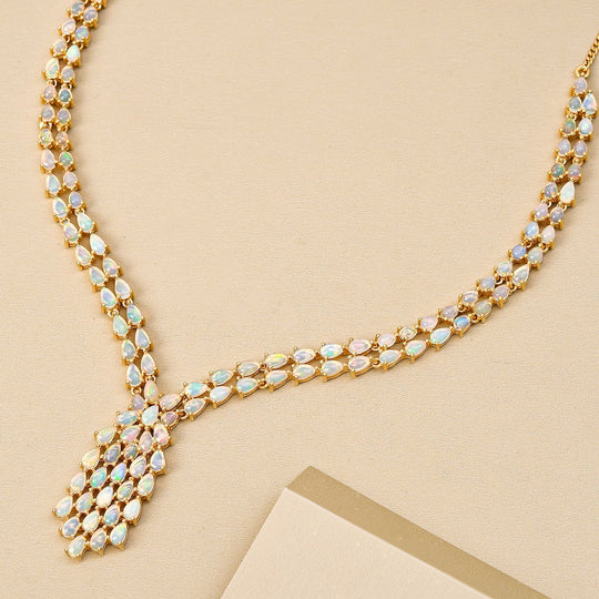Natürliches, äthiopisches Welo Opal Collier, ca. 45 cm, 925 Silber vergoldet ca. 18.15 ct