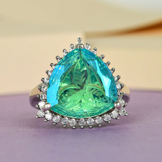 Pfau Triplette Quarz und weißer Zirkon-Ring, 925 Silber platiniert ca. 9.68 ct