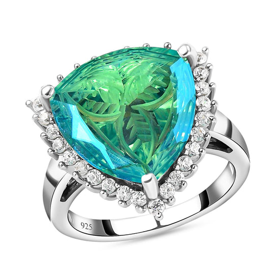 Pfau Triplette Quarz und weißer Zirkon-Ring, 925 Silber platiniert ca. 9.68 ct