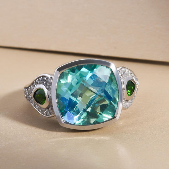 Pfau Triplett Quarz und natürlicher Chromdiopsid-Ring, 925 Silber platiniert ca. 6,33 ct