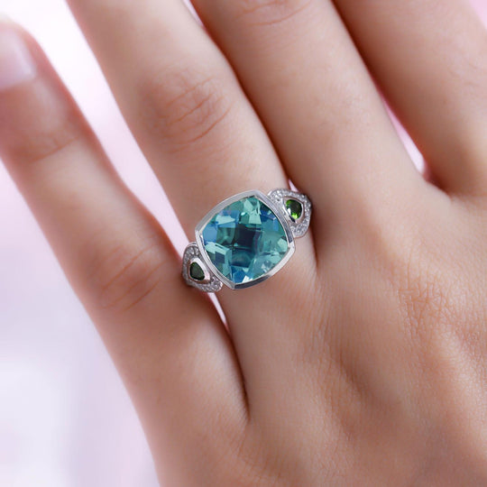 Pfau Triplett Quarz und natürlicher Chromdiopsid-Ring, 925 Silber platiniert ca. 6,33 ct
