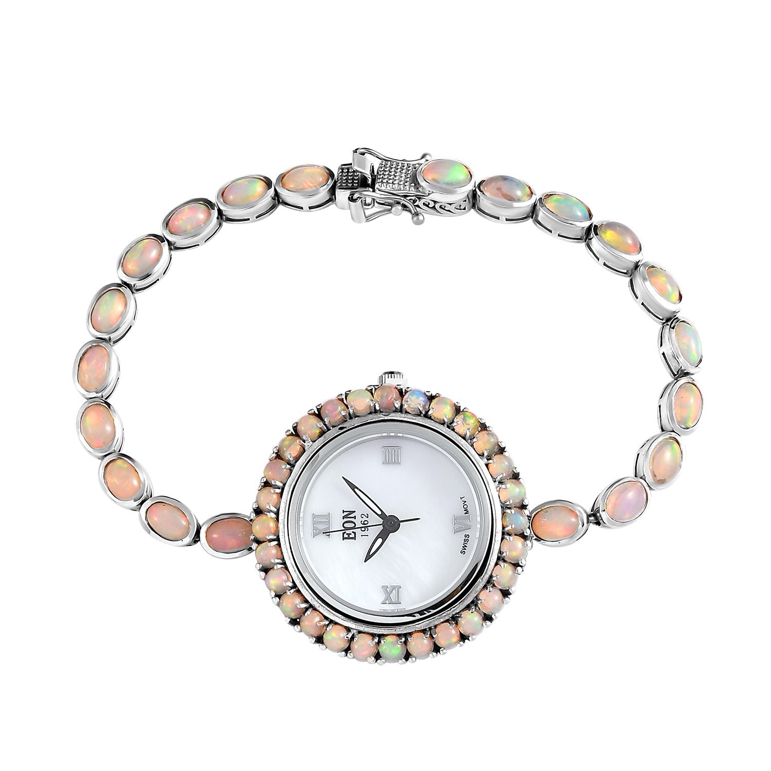 EON 1962 schweizer Uhrwerk - Natürliche, äthiopische Welo Opal Uhr, 19 cm, 925 Silber platiniert ca. 8.12 ct