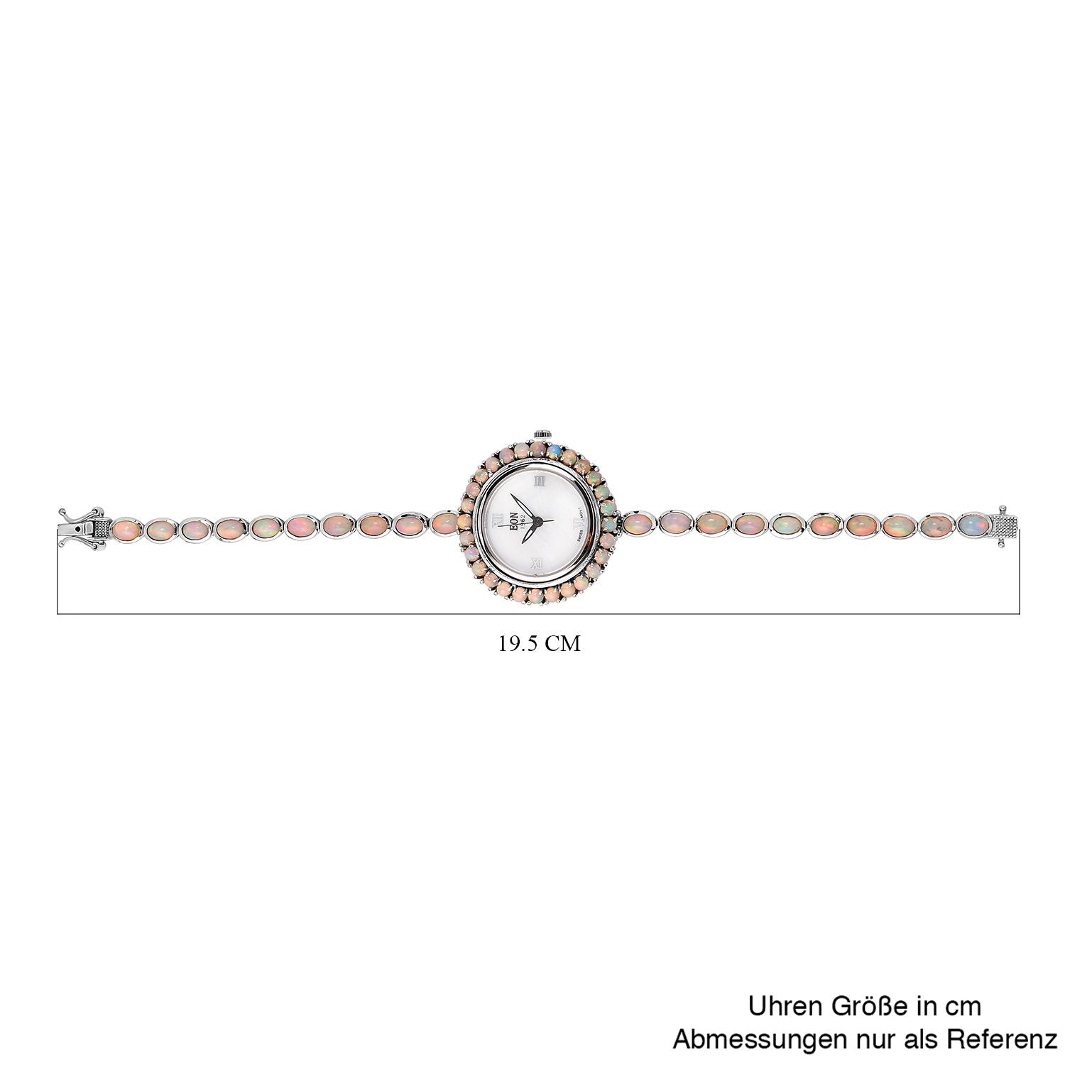 EON 1962 schweizer Uhrwerk - Natürliche, äthiopische Welo Opal Uhr, 19 cm, 925 Silber platiniert ca. 8.12 ct