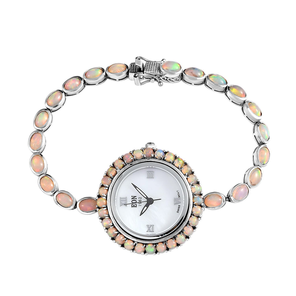 EON 1962 schweizer Uhrwerk - Natürliche, äthiopische Welo Opal Uhr, 19 cm, 925 Silber platiniert ca. 8.12 ct