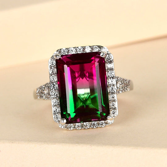 Wassermelonen-Quarz-Triplette und weißer Zirkon-Ring, 925 Silber platiniert ca. 9.03 ct