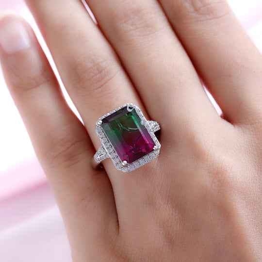 Wassermelonen-Quarz-Triplette und weißer Zirkon-Ring, 925 Silber platiniert ca. 9.03 ct