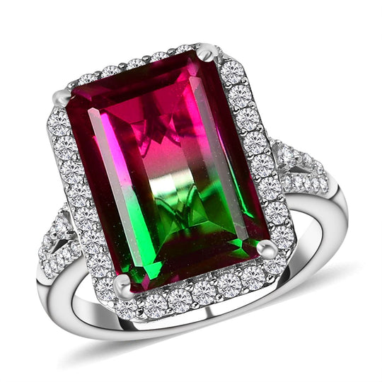 Wassermelonen-Quarz-Triplette und weißer Zirkon-Ring, 925 Silber platiniert ca. 9.03 ct