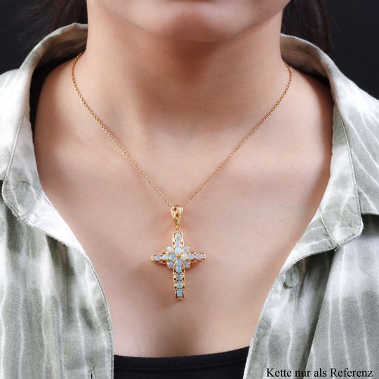 Natürlicher, äthiopischer Welo Opal Kreuz-Anhänger, 925 Silber vergoldet ca. 2,24 ct