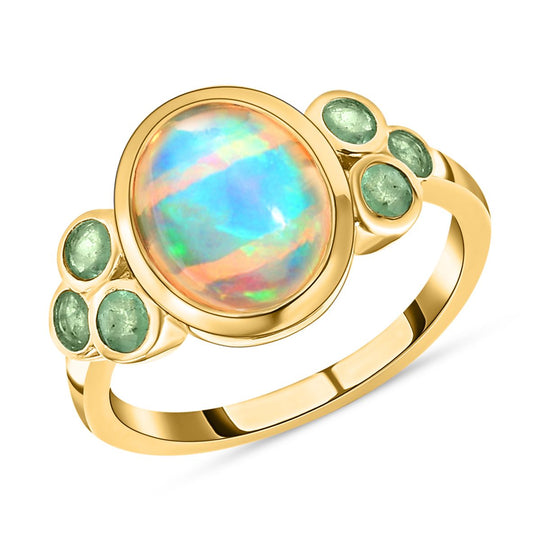 Natürlicher, äthiopischer Welo Opal und Kagem sambischer Smaragd-Ring, 925 Silber Gelbgold Vermeil ca. 2.06 ct