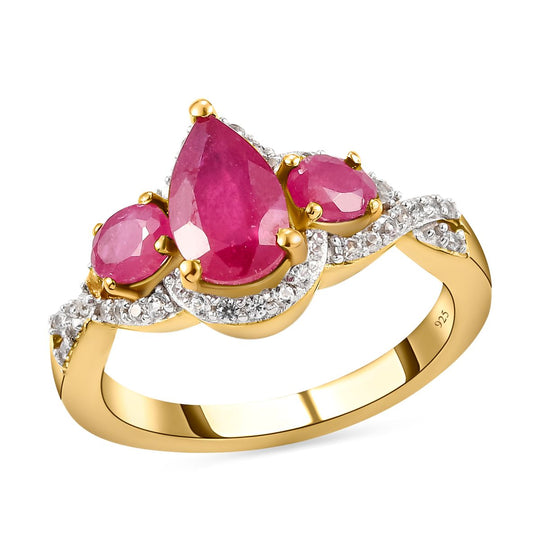 Afrikanischer Rubin (Fissure gefüllt) und Zirkon-Ring, 925 Silber vergoldet, ca. 2.20 ct
