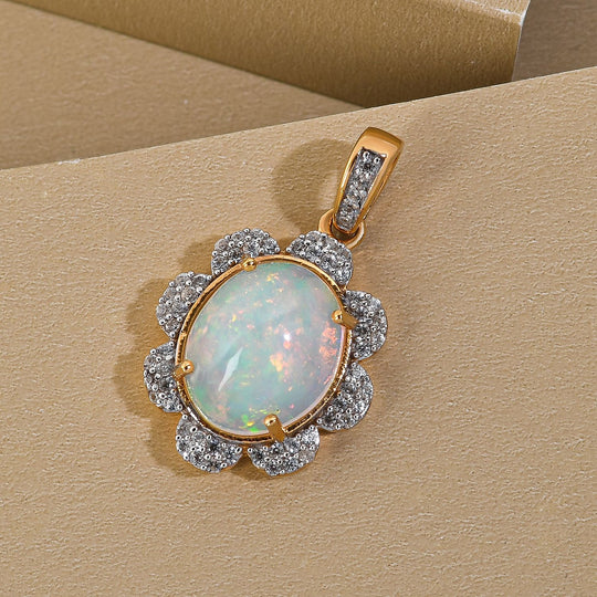 Natürlicher, äthiopischer Opal und Zirkon-Anhänger, 925 Silber vergoldet ca. 3.27 ct