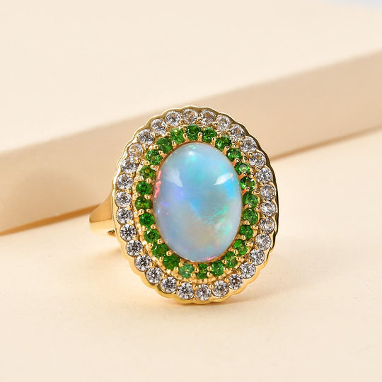 Natürlicher, äthiopischer Welo Opal, Chromdiopsid und weißer Zirkon-Ring, 925 Silber Gelbgold Vermeil (Größe 21.00) ca. 4.99 ct