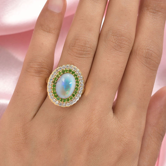 Natürlicher, äthiopischer Welo Opal, Chromdiopsid und weißer Zirkon-Ring, 925 Silber Gelbgold Vermeil (Größe 21.00) ca. 4.99 ct