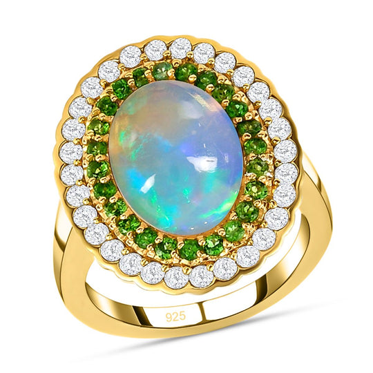 Natürlicher, äthiopischer Welo Opal, Chromdiopsid und weißer Zirkon-Ring, 925 Silber Gelbgold Vermeil (Größe 21.00) ca. 4.99 ct