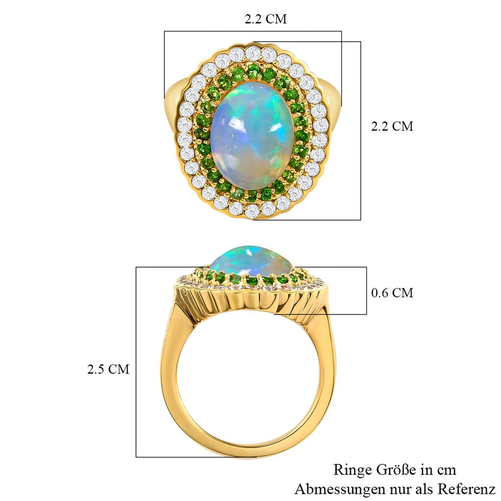 Natürlicher, äthiopischer Welo Opal, Chromdiopsid und weißer Zirkon-Ring, 925 Silber Gelbgold Vermeil (Größe 21.00) ca. 4.99 ct