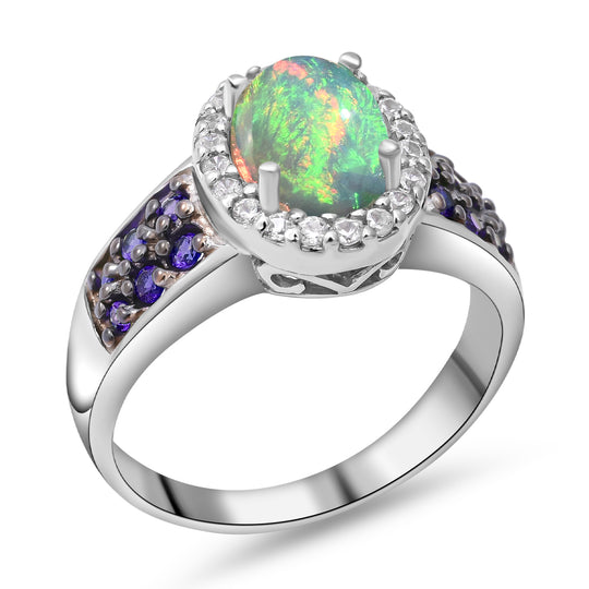 Natürlicher, äthiopischer Welo Opal und Tansanit-Ring, 925 Silber platiniert ca. 1,80 ct