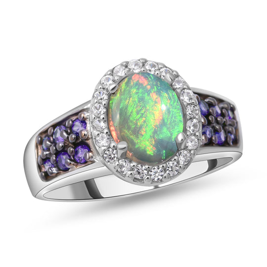 Natürlicher, äthiopischer Welo Opal und Tansanit-Ring, 925 Silber platiniert ca. 1,80 ct