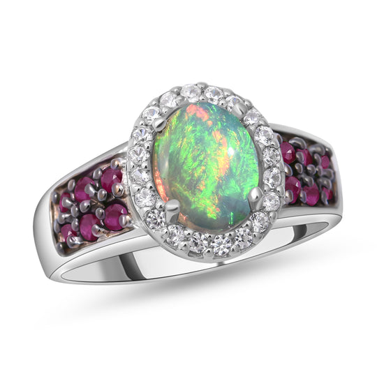 Natürlicher, äthiopischer Welo Opal und afrikanischer Rubin-Ring, 925 Silber platiniert ca. 1,97 ct