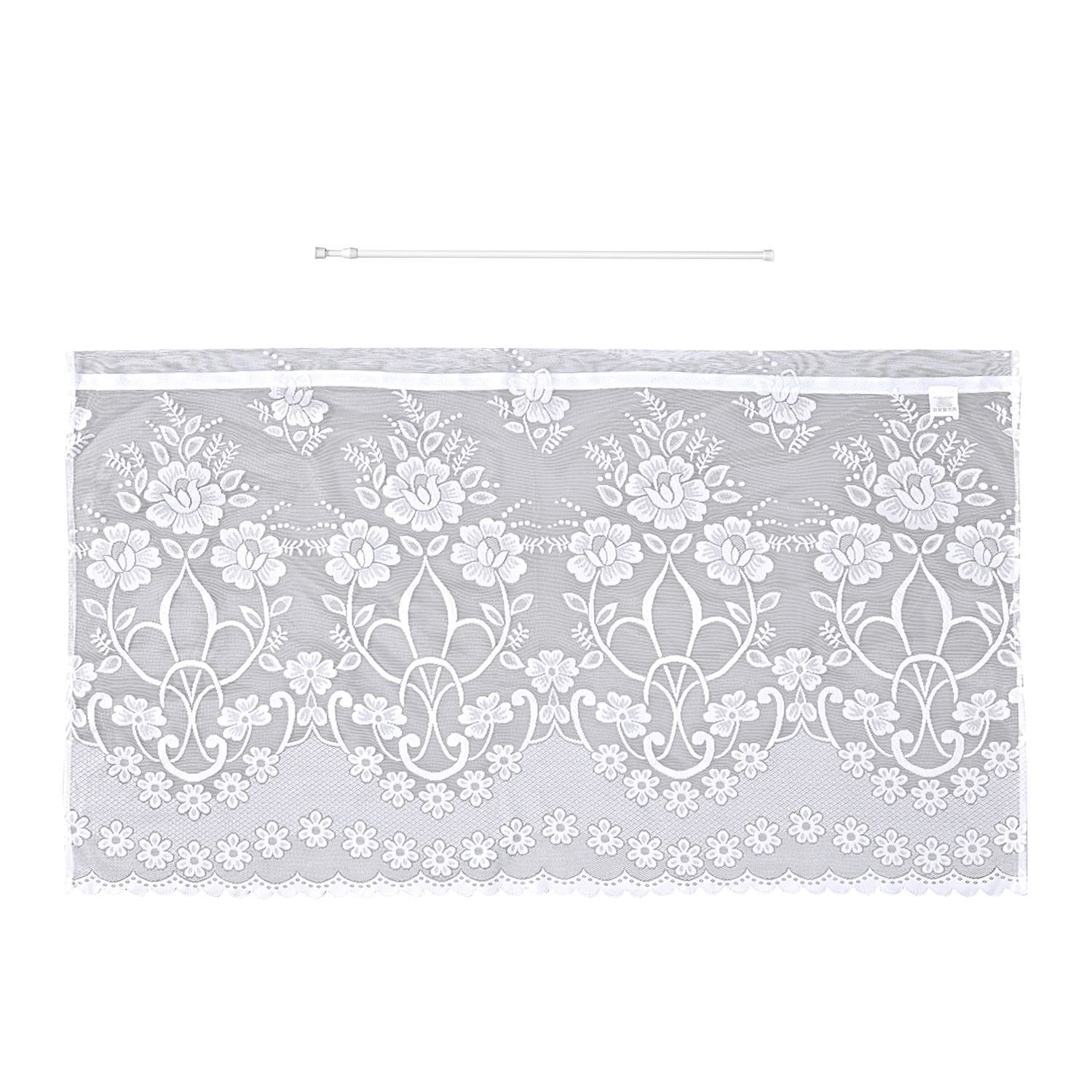 Gardinen mit verstellbarer Metallstange, gestrickter Stoff, 145x90cm, gewebt, weiß, Große Blumen