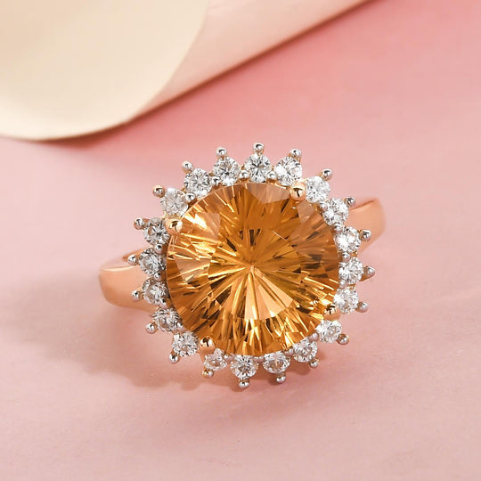 Hanabi Schliff - Citrin und weißer Zirkon-Ring, 925 Silber Gelbgold Vermeil ca. 7.72 ct